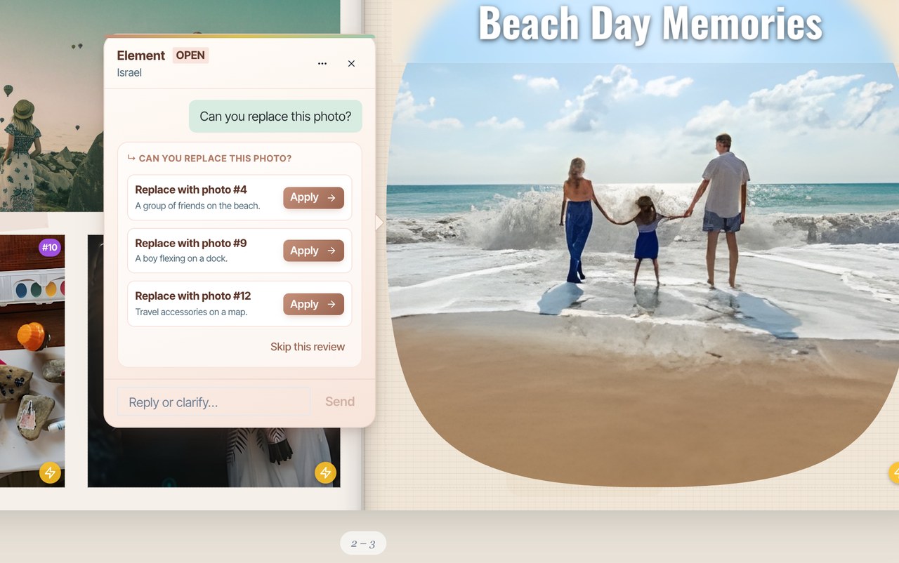 An AI fix shown as option cards on the note bubble — three photo replacements, each with Apply — plus a Reply box to keep refining