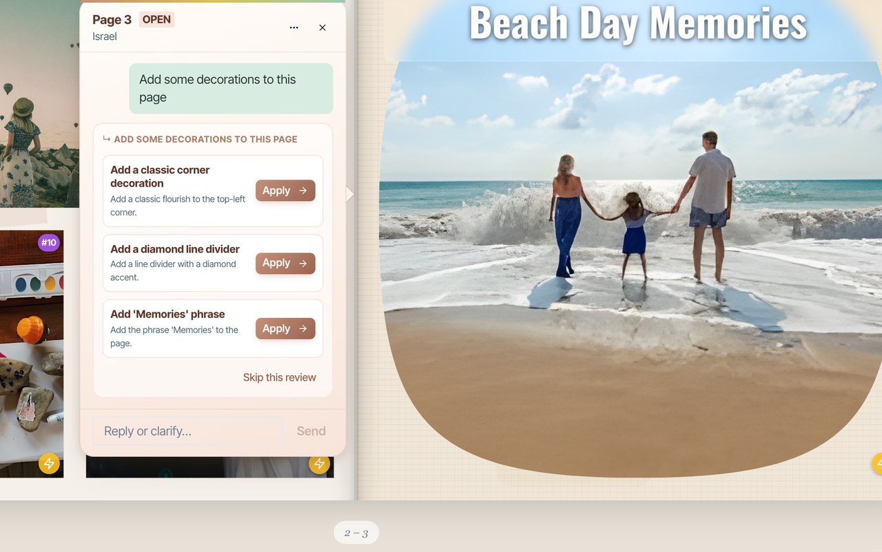 A review note asking to decorate a page, with the AI proposing decoration options — a corner flourish, a divider, a “Memories” label — each with Apply, plus a reply box to go back and forth