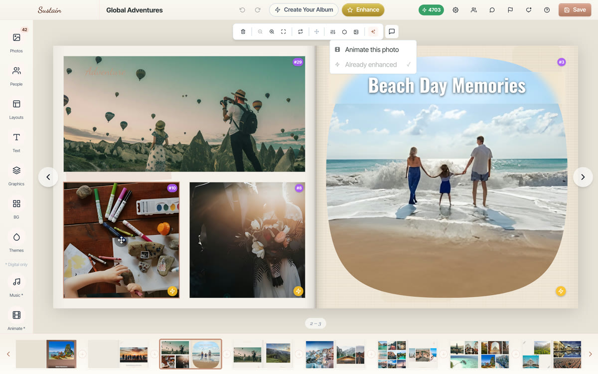 The photo toolbar’s AI tools menu open, showing “Animate this photo”