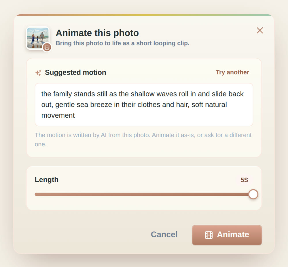 The Animate dialog showing the suggested motion, a Try another button, a length slider, and the Animate button