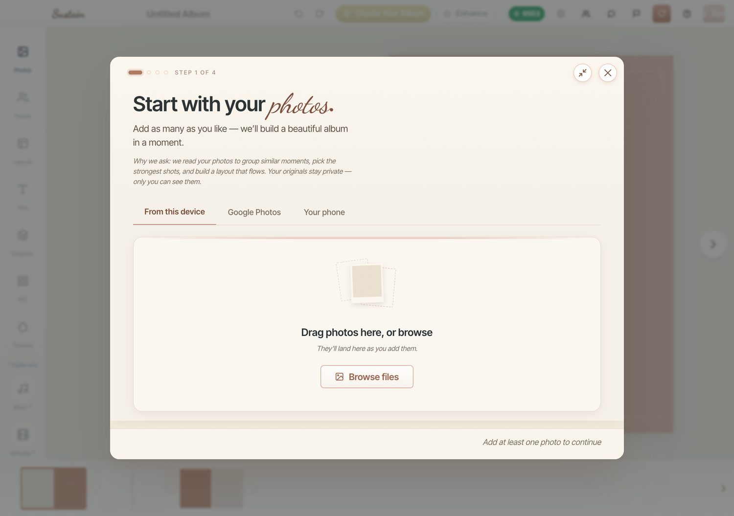 The wizard’s “Start with your photos” step with a drag-and-drop area and source tabs