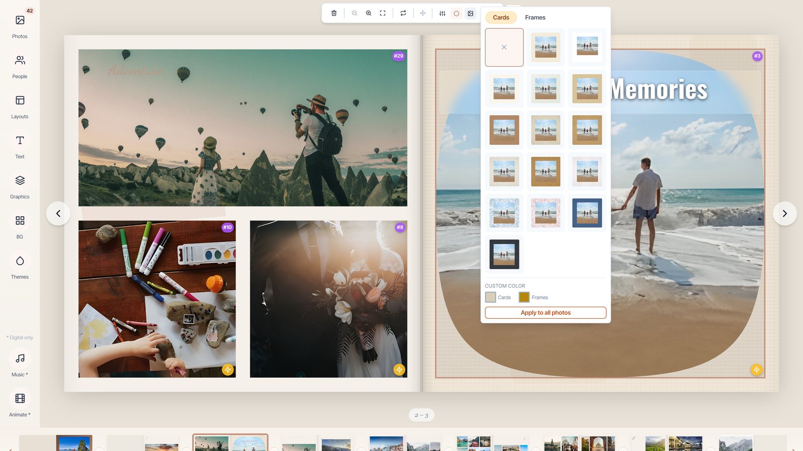 The Card & Frame picker showing card and frame options for a selected photo