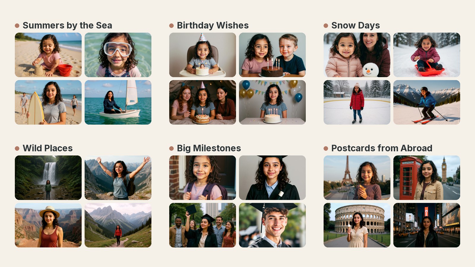 Seis capítulos de álbum —Veranos junto al mar, Deseos de cumpleaños, Días de nieve, Lugares salvajes, Grandes hitos y Postales del extranjero— cada uno con cuatro de sus fotos