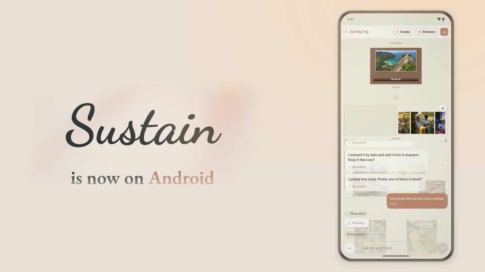 The Sustain wordmark with “is now on Android”, next to an Android phone showing an album in the Sustain editor