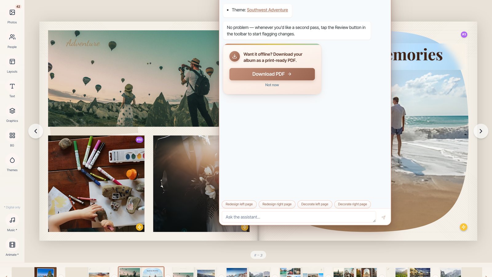 The AI Album Designer chat with suggestion pills and the “Ask the assistant” input