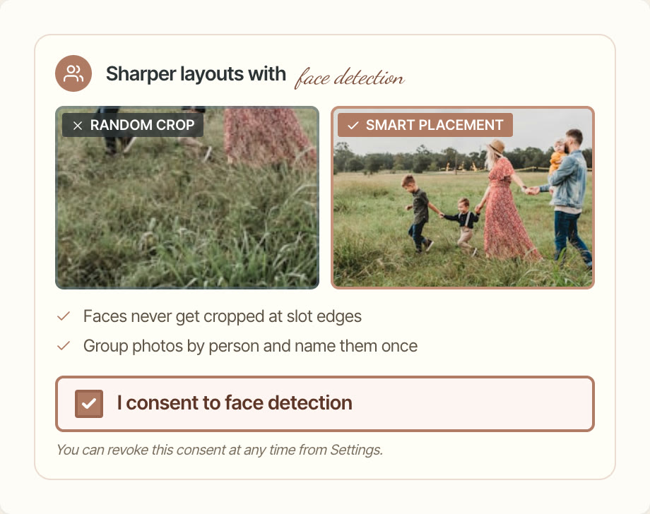 The enhance offer’s face-detection panel: a random crop beside a smart placement, and a ticked “I consent to face detection” box